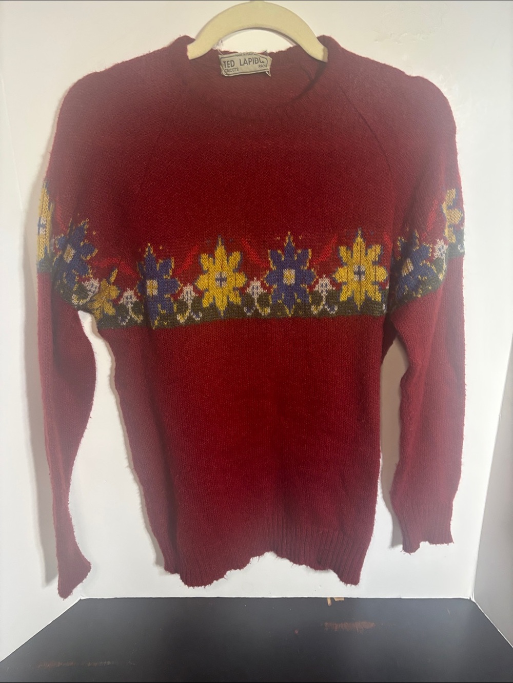Vintage 80s Ted Lapidus Knit Pullover Sweater - Burgundy Flower Pattern